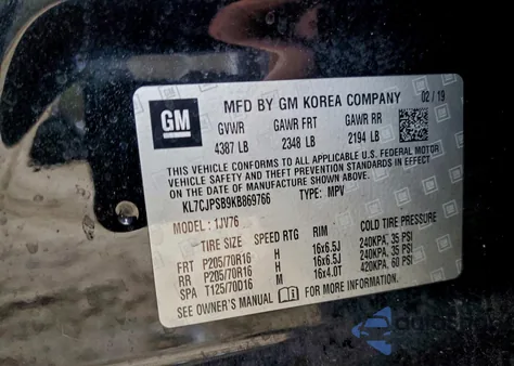 2019 Chevrolet Trax 1Lt from USA, damaged, VIN KL7CJPSB9KB869766